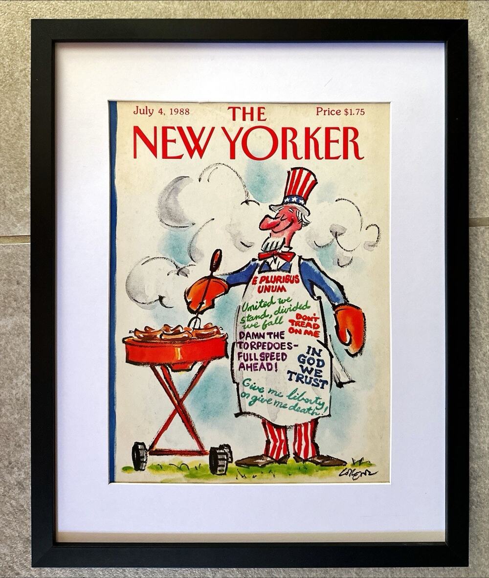 Framed 1988 The New Yorker July 4 Barbecue Lorenz Patriotic Apron